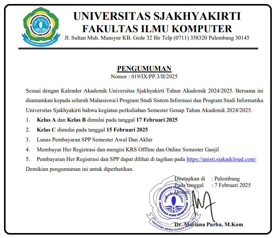 Pengumuman Perkuliahan Semester Genap Tahun Akademik 2024/2025
